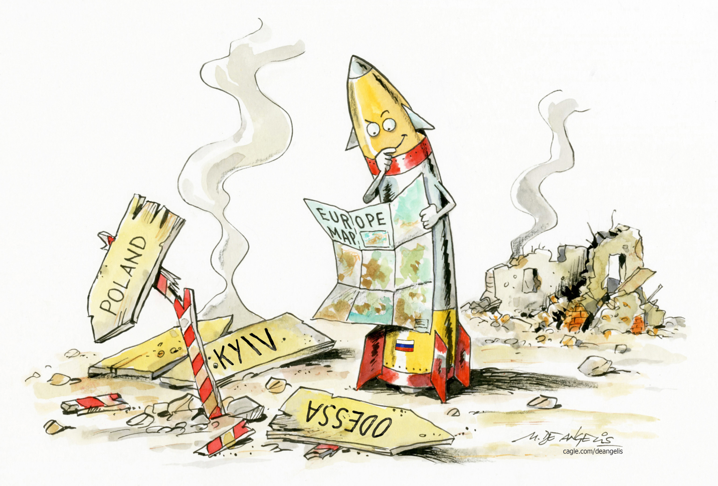 This cartoon depicts a human-looking missile in the middle of a war-torn landscape near broken signs that read &amp;ldquo;Poland&amp;rdquo; &amp;ldquo;Kyiv&amp;rdquo; and &amp;ldquo;Odessa.&amp;rdquo; The missile looks eager and thoughtful as it looks at a map of Europe to plan its next strike.