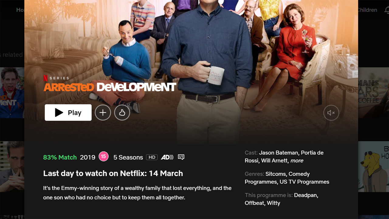 A screenshot showing Arrested Development will leave Netflix on March 14