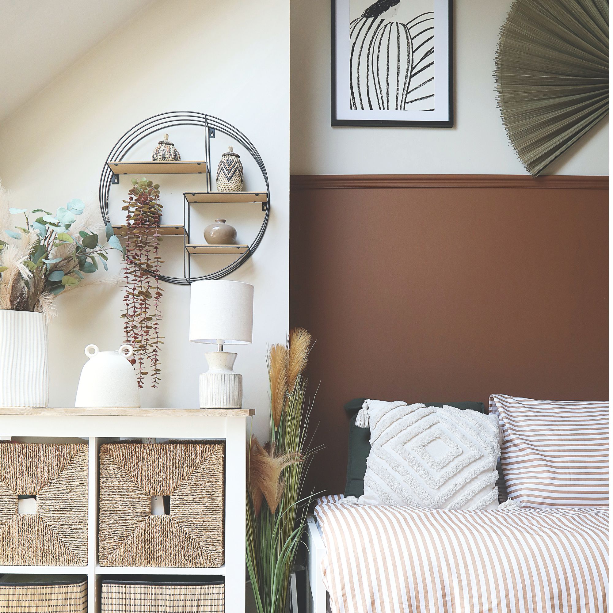 A mocha brown wall with neutral textures layered on top
