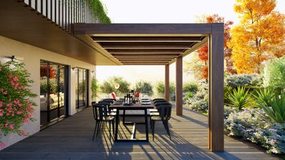 A outdoor deck with garden furniture in fall