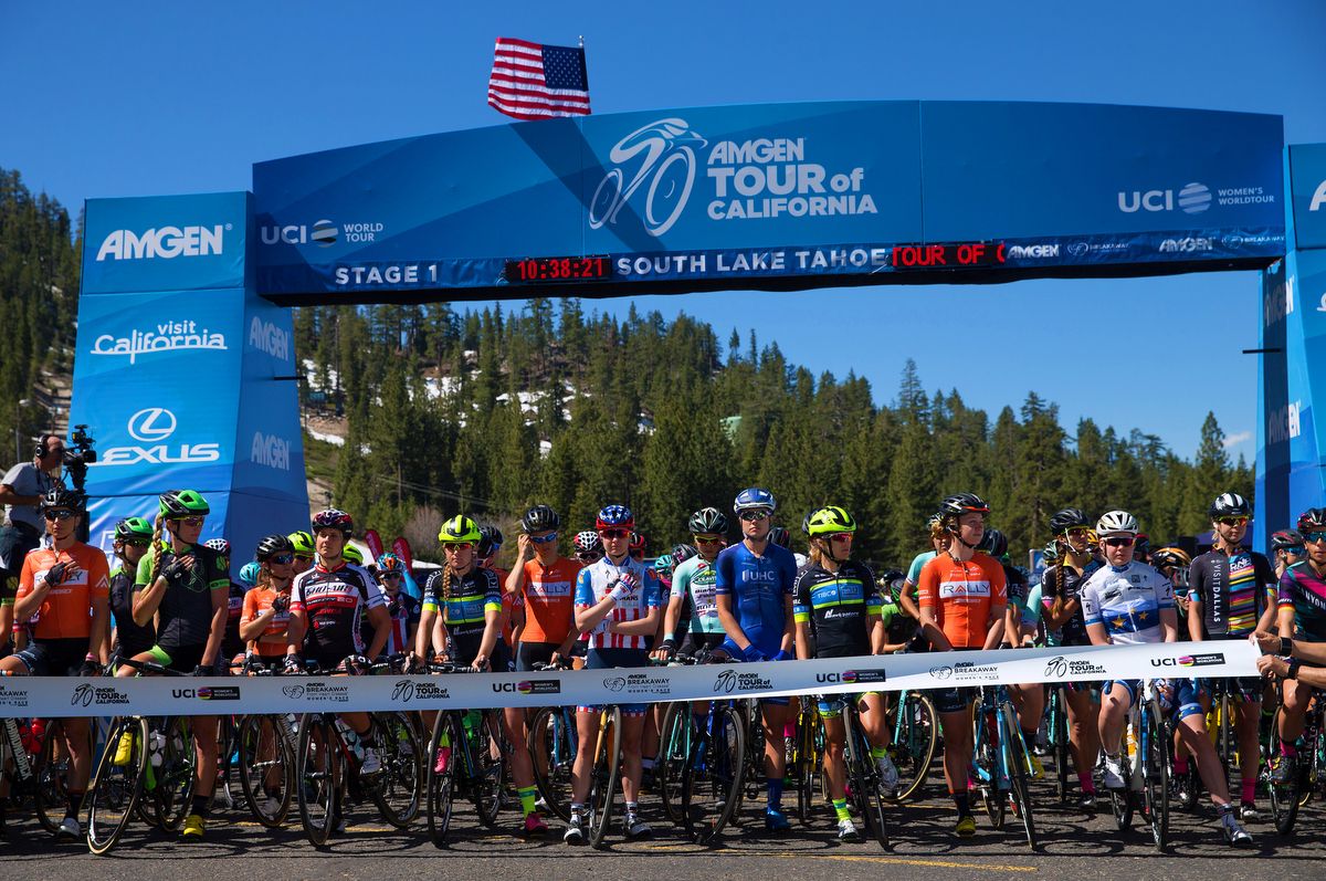 The riders get ready for stage 1 of the Amgen Women's Tour