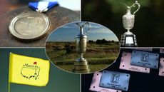 A view of different perks of winning The Open including the Claret Jug, the gold medal, a Masters flag, the Senior Open trophy and a PGA Tour card