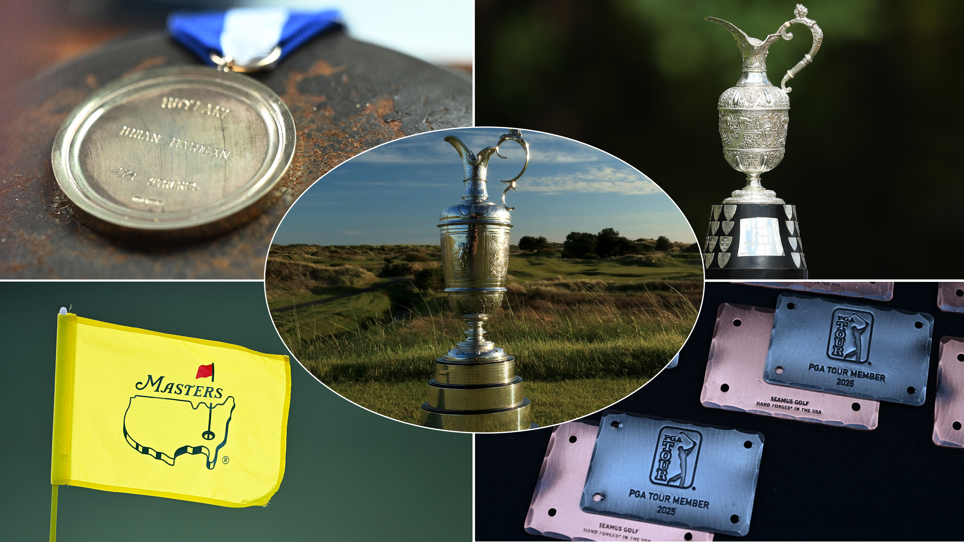 A view of different perks of winning The Open including the Claret Jug, the gold medal, a Masters flag, the Senior Open trophy and a PGA Tour card