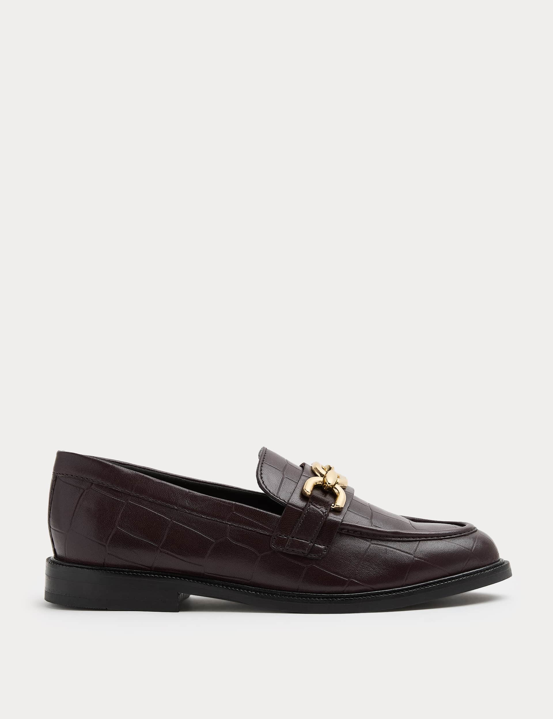 Leather Croc Trim Flat Loafers