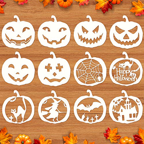 Mocoosy 12 Pcs Halloween Stencils, 8 Inch Large Pumpkin Carving Stencils Reusable Plastic Pumpkin Templates Halloween Drawing Stencil for Painting on Wood Diy Pumpkins Crafts Wall Fabric Window Decor