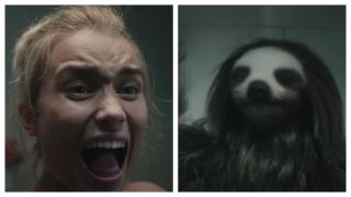 A woman screams in terror at a murderous sloth