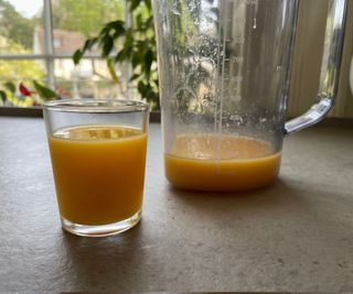 One glass of orange juice made in the Nama C2 Blender and Juicer