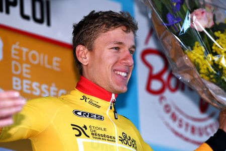 GARD FRANCE FEBRUARY 05 Tobias Halland Johannessen of Norway and UNO X Pro Cycling Team celebrates winning the yellow points jersey on the podium ceremony after the 52nd toile De Bessges Tour Du Gard 2022 Stage 4 a 145km stage from Saint Hilaire de Brethmas to Mont Bouqueton 617m EDB2022 February 05 2022 in Gard France Photo by Luc ClaessenGetty Images