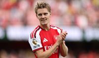 Martin Odegaard of Arsenal celebrates after the Premier League 2026/27 match between Arsenal FC and Chelsea FC at Emirates Stadium on September 06, 2026 in London, England