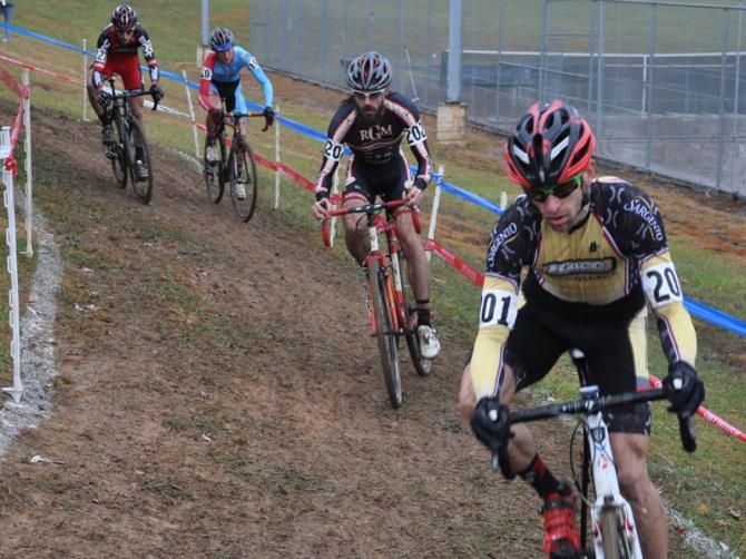 Kerry Werner, Andrew Dillman, Dan Timmerman and Brian Matter (L-R) negotiate the tricky off-camber section early in Sunday's race.