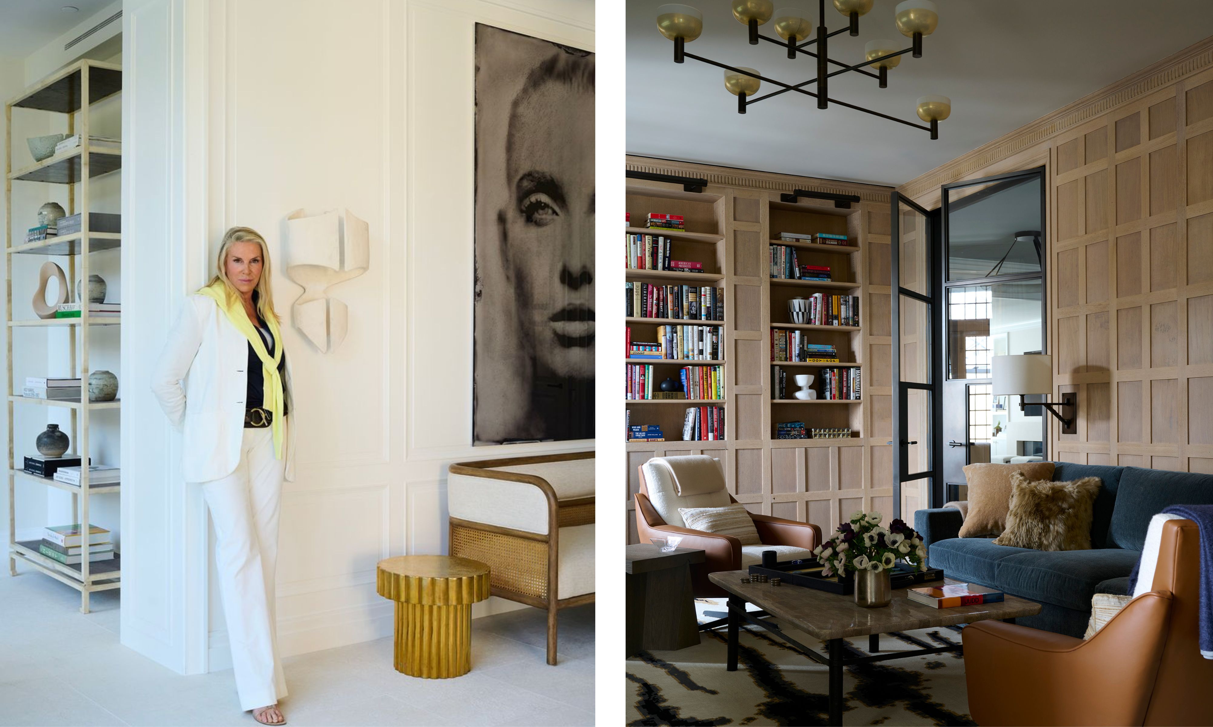 two shots next to each other, On the left, Victoria Hagan stands in a white hallway next to a white wall light. On the right, a wood-panelled living room