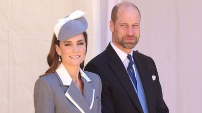 Catherine, Princess of Wales and Prince William, Prince of Wales attend the inspection of the Guard of Honour during a ceremonial welcome at Windsor Castle on the first day of a State Visit