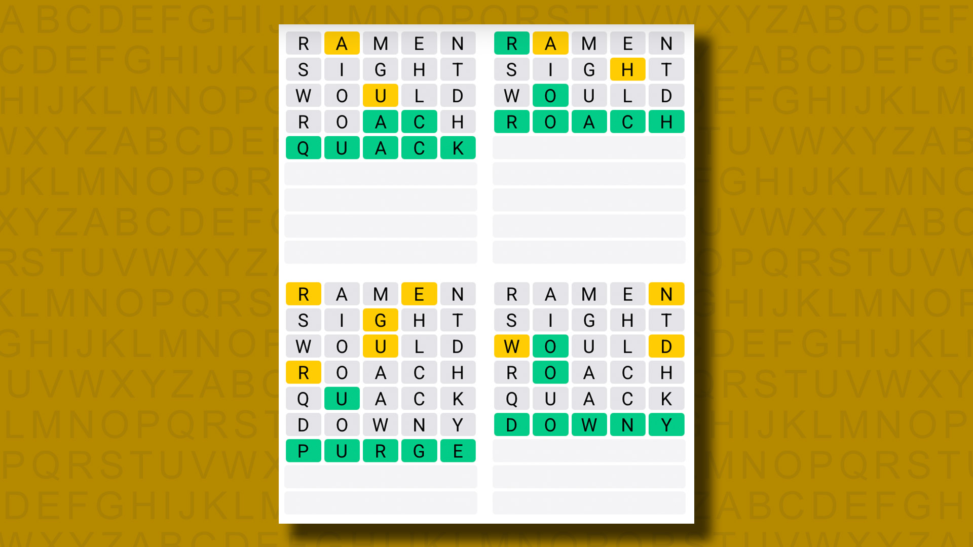 Quordle answers for game 1210 on a yellow background