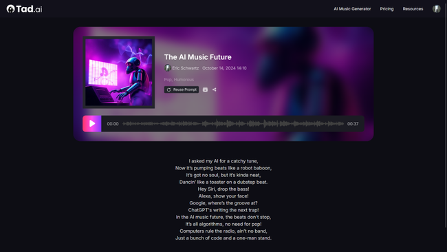 Tad AI helps you write your own songs in seconds, complete with lyrics ...