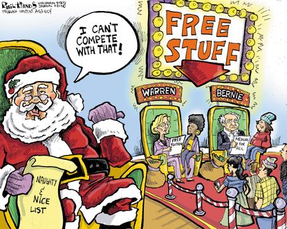 Political Cartoon U.S. Santa Claus Competition Bernie Warren Free Stuff