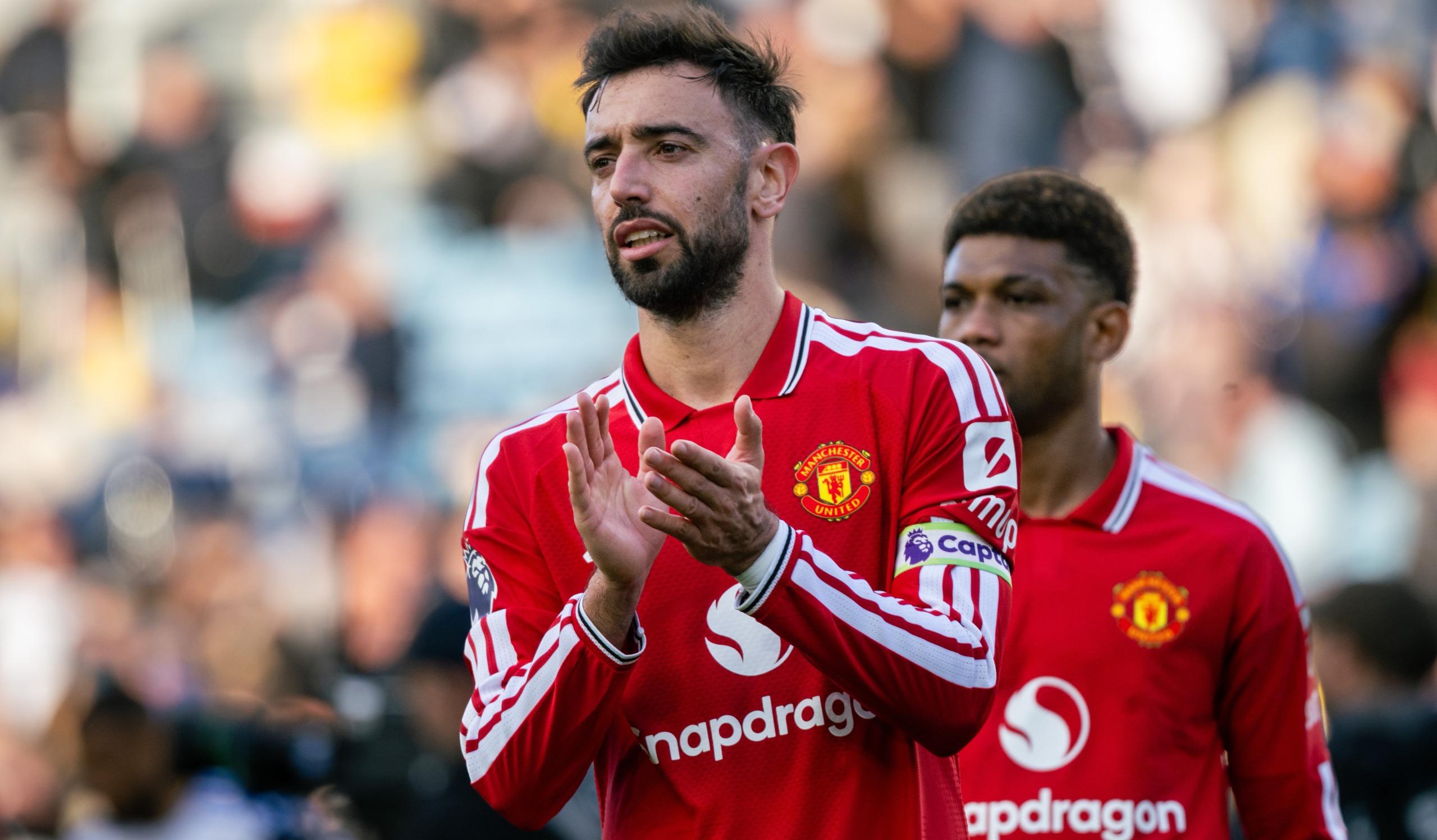 Bruno Fernandes of Manchester United applauds the fans after the Premier League 2026/27 match between Leeds United and Manchester United at Elland Road on October 18, 2026 in Leeds, England