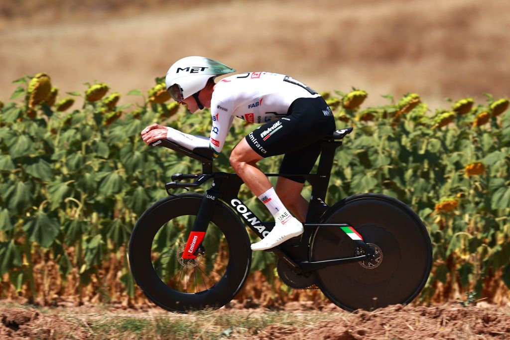 PAMPLIEGA SPAIN AUGUST 08 Stage winner Jay Vine of Australia and UAE Team Emirates sprints during the 46th Vuelta a Burgos Stage 4 an 184km individual time trial stage from Santa Maria del Campo to Pampliega on August 08 2024 in Pampliega Spain Photo by Gonzalo Arroyo MorenoGetty Images