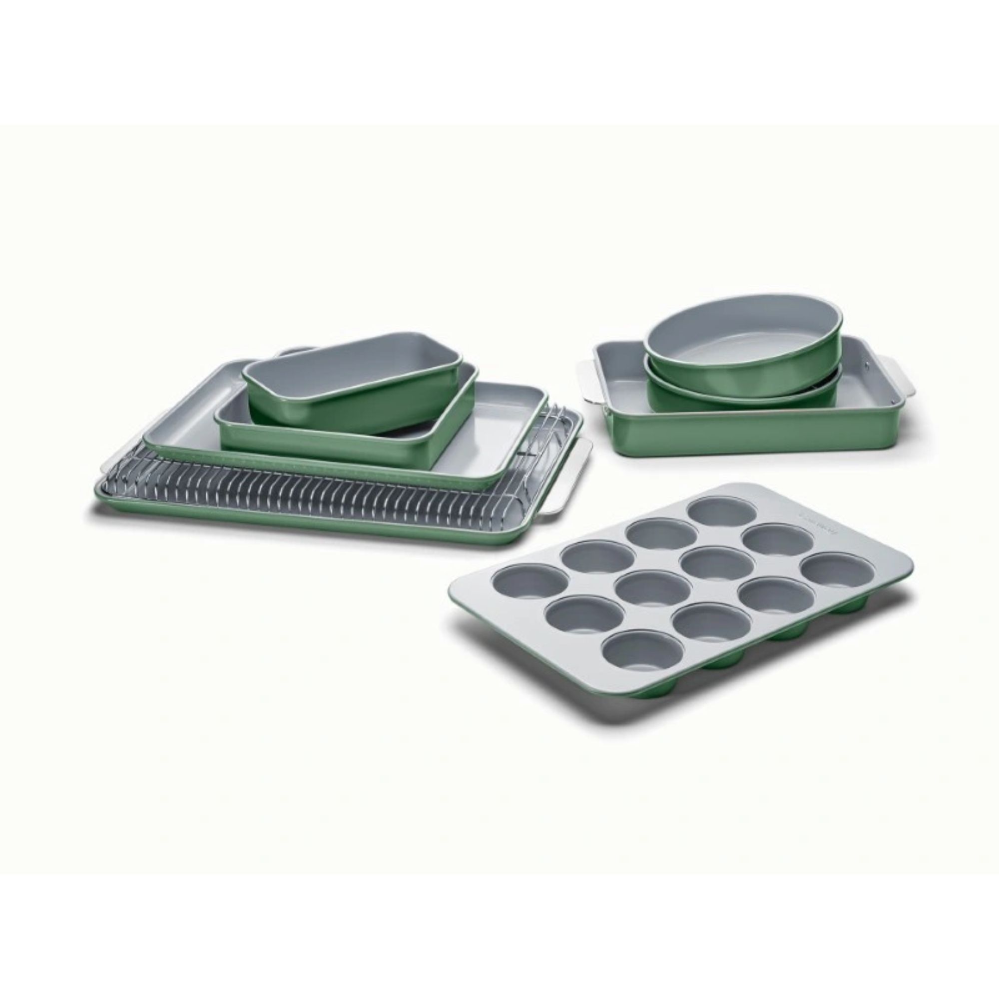 A set of green stainless steel caraway baking tins