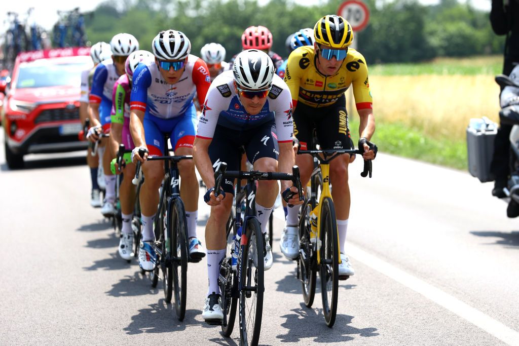 SANTUARIO DI CASTELMONTE ITALY MAY 27 LR Davide Ballerini of Italy and Team QuickStep Alpha Vinyl and Edoardo Affini of Italy and Team Jumbo Visma compete in the breakaway during the 105th Giro dItalia 2022 Stage 19 a 178km stage from Marano Lagunare to Santuario di Castelmonte 577m Giro WorldTour on May 27 2022 in Santuario di Castelmonte Italy Photo by Michael SteeleGetty Images