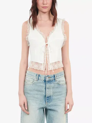 Lace-Trim Self-Tie Cotton Top