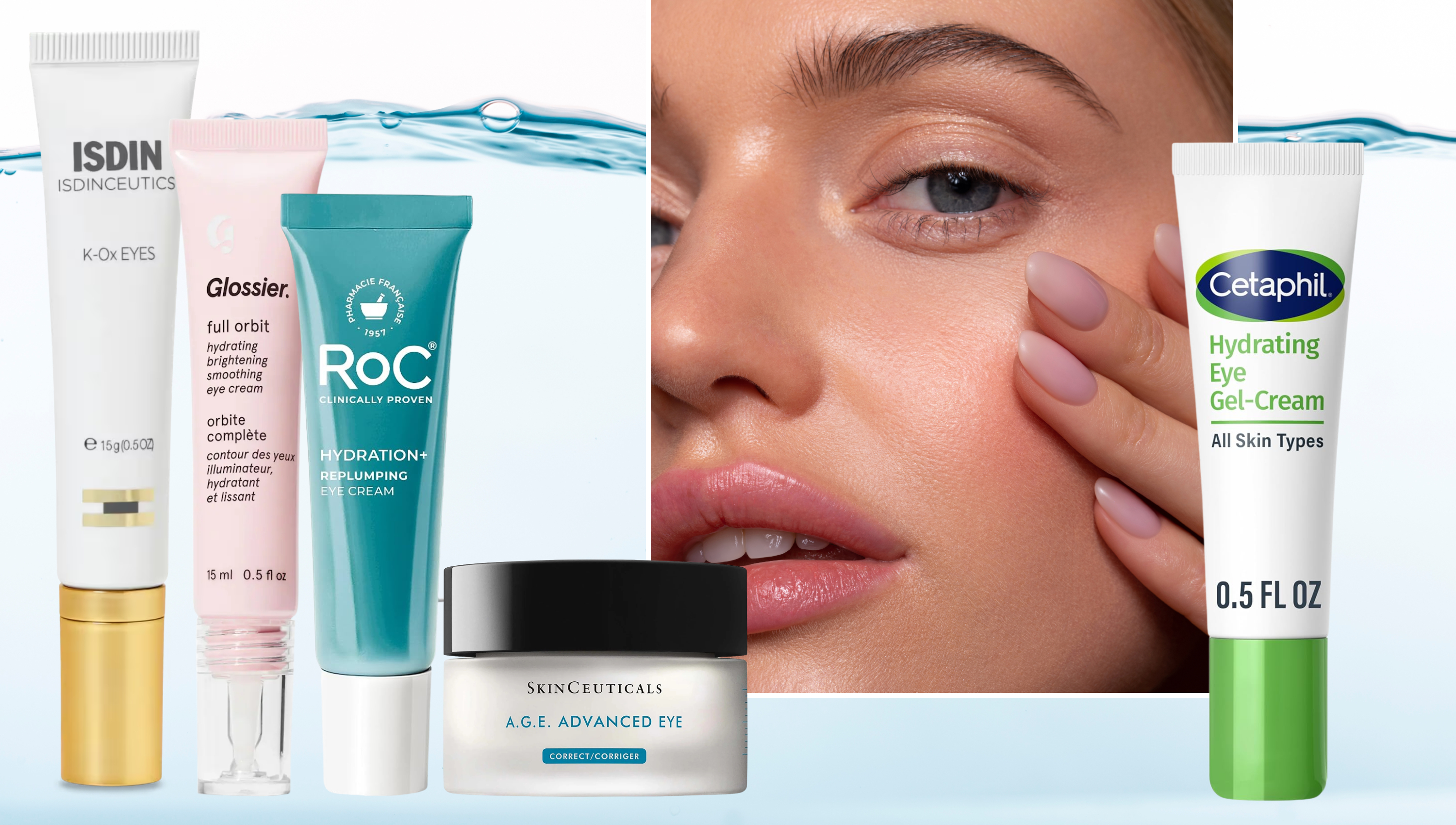 A model with hydrated under-eyes thanks to a hydrating eye cream on a watery background and next to products