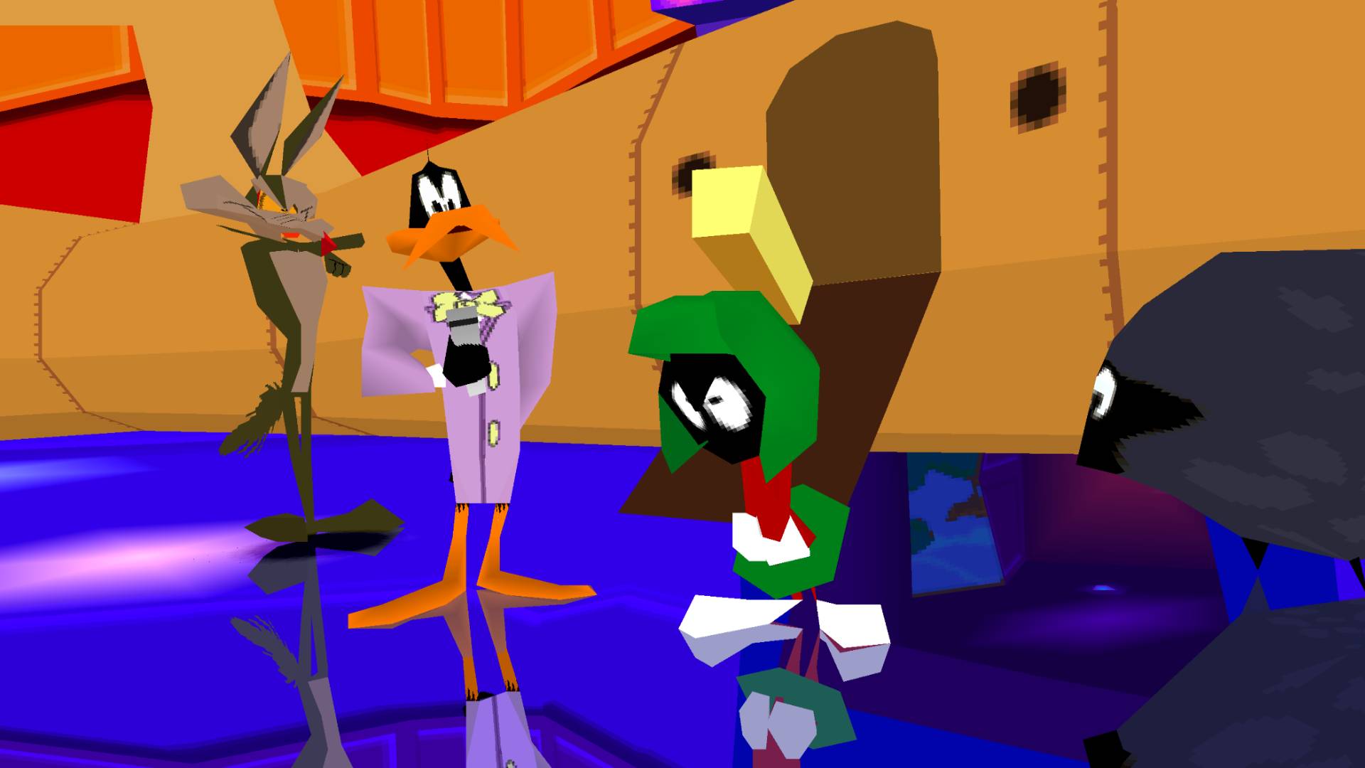 Gameplay screenshot of Sheep, Dog, N' Wolf cutscene with Ralf Wolf, Daffy, Marvin the Martian, and a black sheep on game show floor.