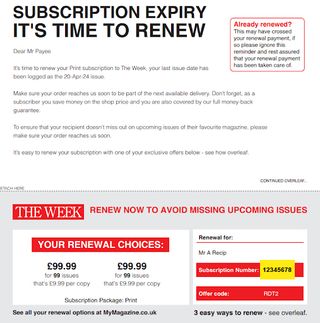 A screenshot of a subscription renewal letter