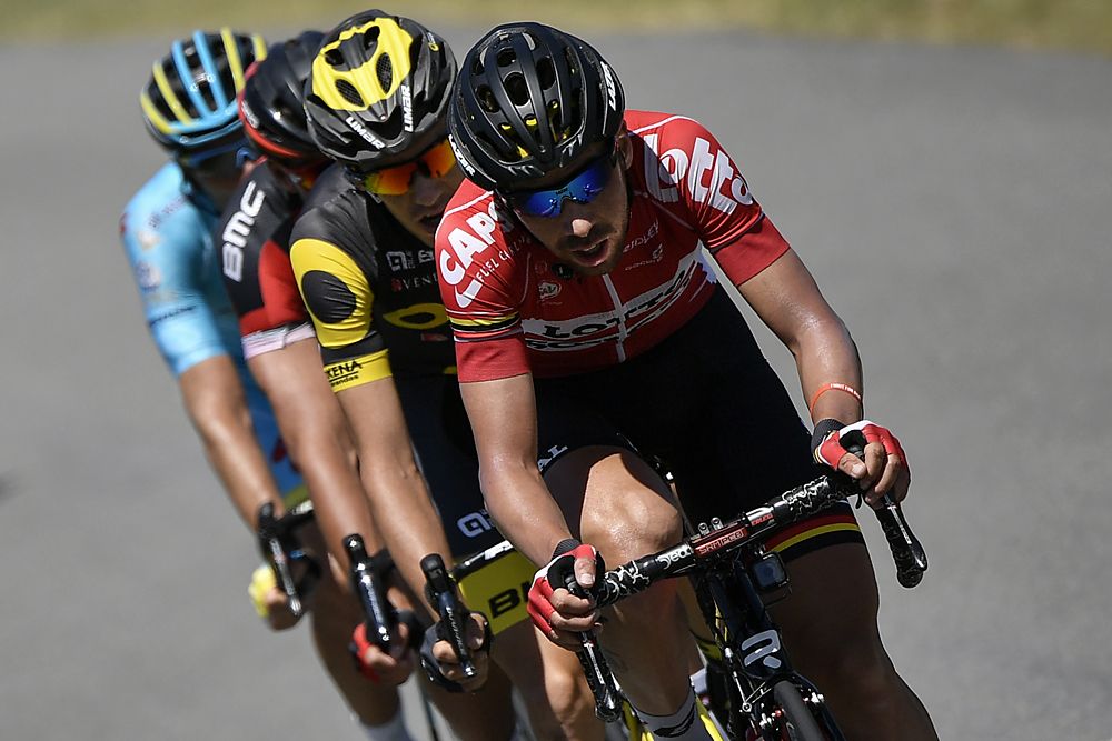 Andriy Grivko, Greg Van Avermaet, Romain Sicard and Thomas De Gendt ride in a breakaway during the 216 km fifth stage of the 103rd edition of the Tour de France