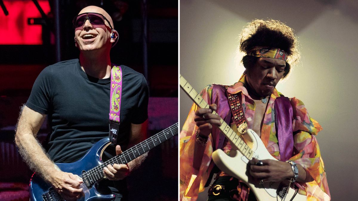 Joe Satriani [left] plays his Chrome Boy Ibanez signature S-style on stage, and wears a black T-shirt and wraparound shades; JImi Hendrix [right] wears a bright patterned shirt and plays his Olympic White Fender Stratocaster onstage at Royal Albert Hall.