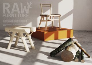 Furniture display in a room featuring white wall and grey concret floor. A wooden chair on an orange box platform. A white wooden table and stacked timber