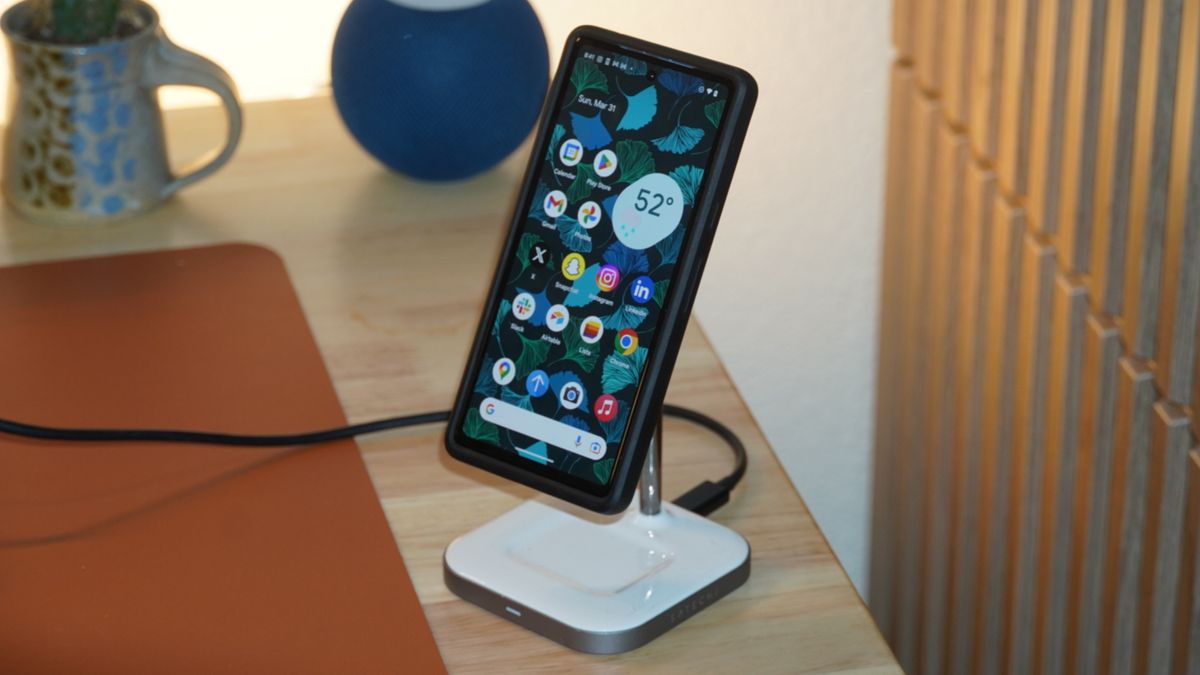 A Pixel 7a on a MagSafe charging stand.