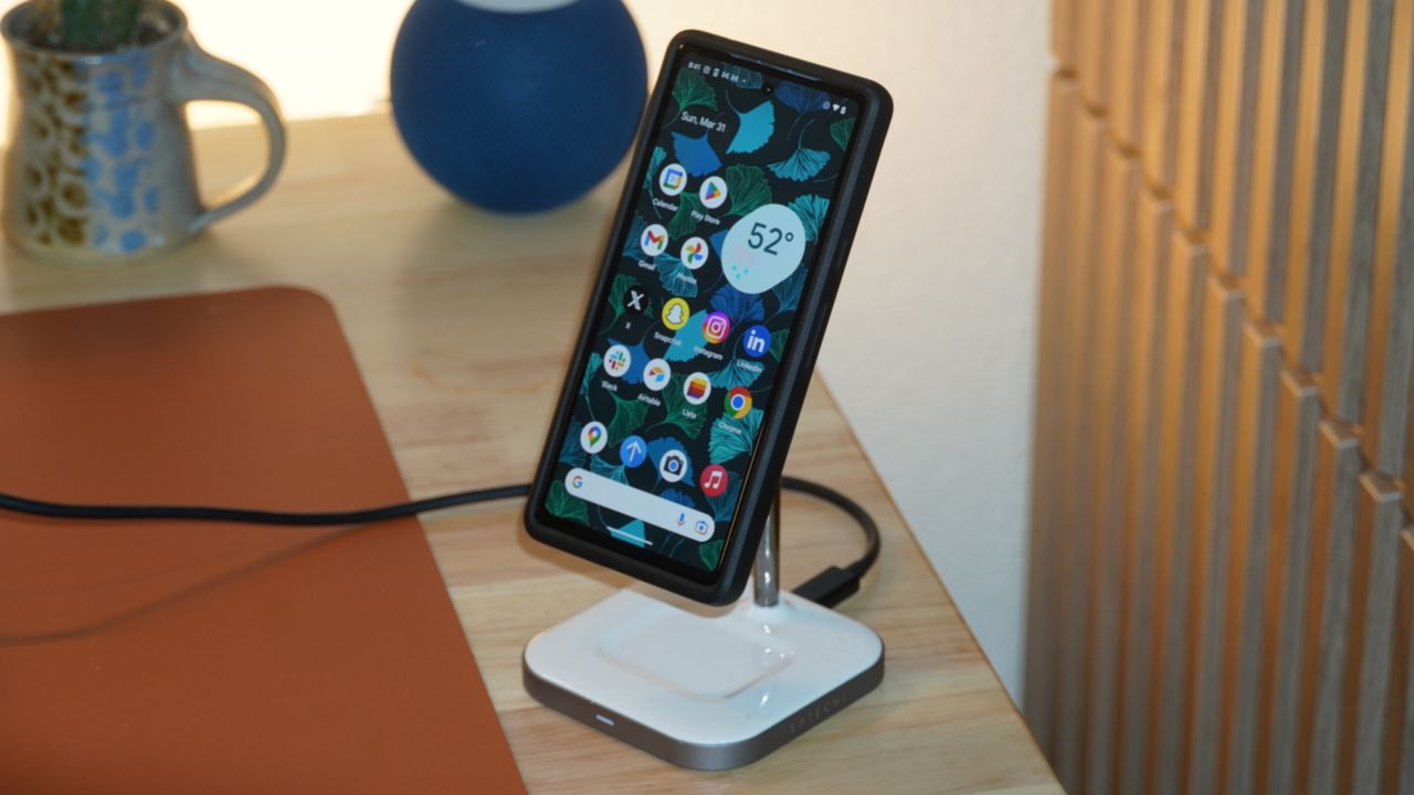A Pixel 7a on a MagSafe charging stand.