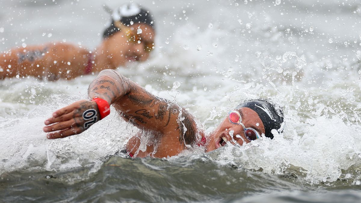 Ana Marcela Cunha of Team Brazil competes in the 10km marathon swim ahead of the 2024 Paris Olympic Games.