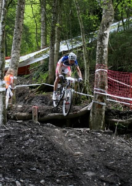 Julien Absalon (Orbea) leads off the first technical drop on the Champery World Cup Course during the Racer Bike Cup in June. This is the new technical section added to the course this year and was described by Absalon as a very difficult section.