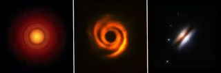 Left to right: Three images of protoplanetary disks TW Hydrae (Atacama Large Millimeter Array, ALMA), HD 135344B (European Southern Observatory, ESO) and 2MASS J16281370 (Hubble Space Telescope, HST).