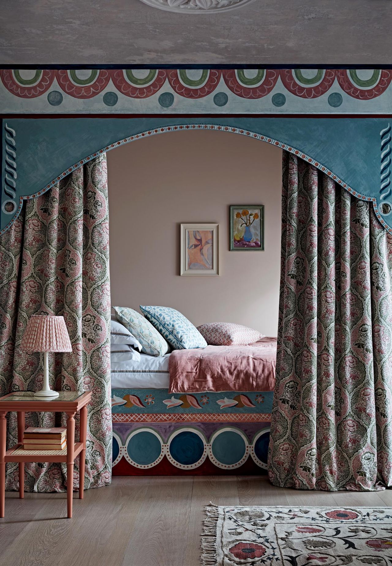 A Charleston-inspired bed design by Tess Newall for Homes &amp; Gardens magazine. Photo: Jon Day Photography