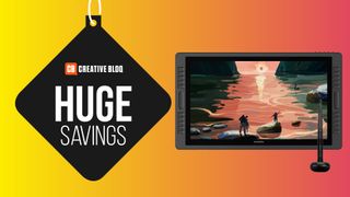 A product image of the Huion Kamvas Pro 22 large on a colourful background with the words huge savings