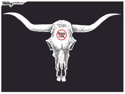 Political cartoon U.S. Texas judge ObamaCare unconstitutional longhorn skull