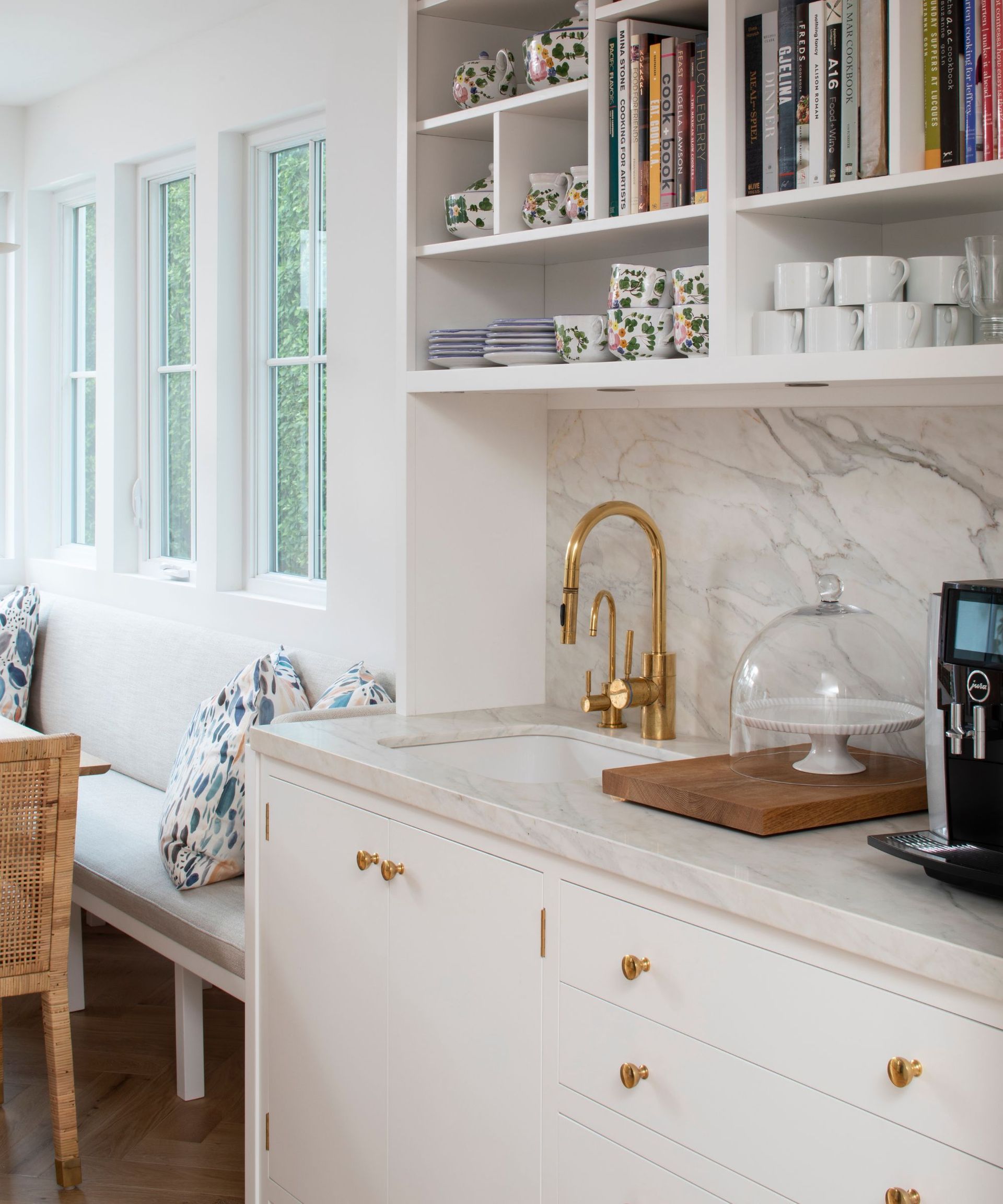 Coffee bar, shelves, gold tap