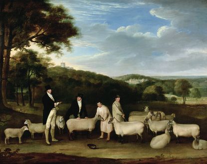 Portrait of Thomas William Coke, Esq. (1752&ndash;1842) inspecting some of his South Down sheep with Mr Walton and the Holkham shepherds, 1808, oil on canvas, 52in by 76in, by Thomas Weaver (1774&ndash;1843), Holkham Hall and Estate, Norfolk.