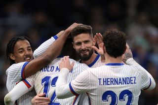 Olivier Giroud of France celebrates with team mates after scoring to give the side a 3-1 lead during the international friendly match between France and Chile at Stade Velodrome on March 26, 2024 in Marseille, France.