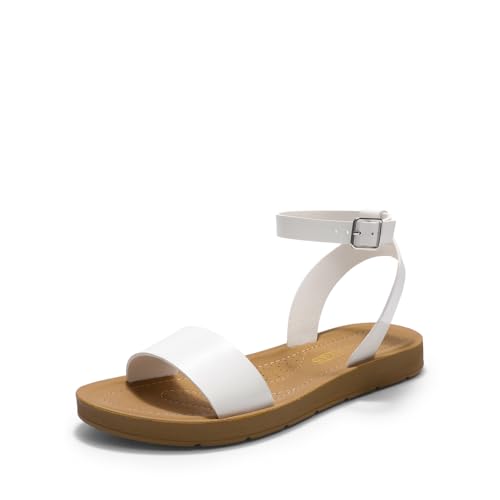 Dream Pairs Women’s One Band Ankle Strap Buckle Flat Sandals,size 8,white/pu,elena-5