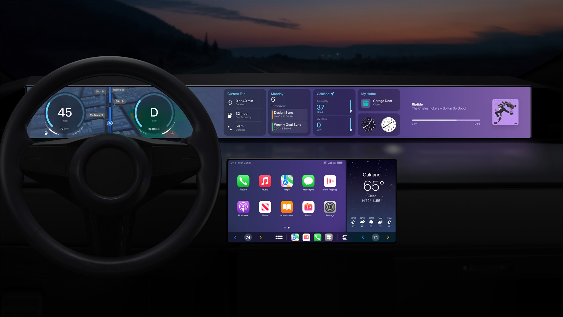 A car dashboard showing the next generation of Apple CarPlay