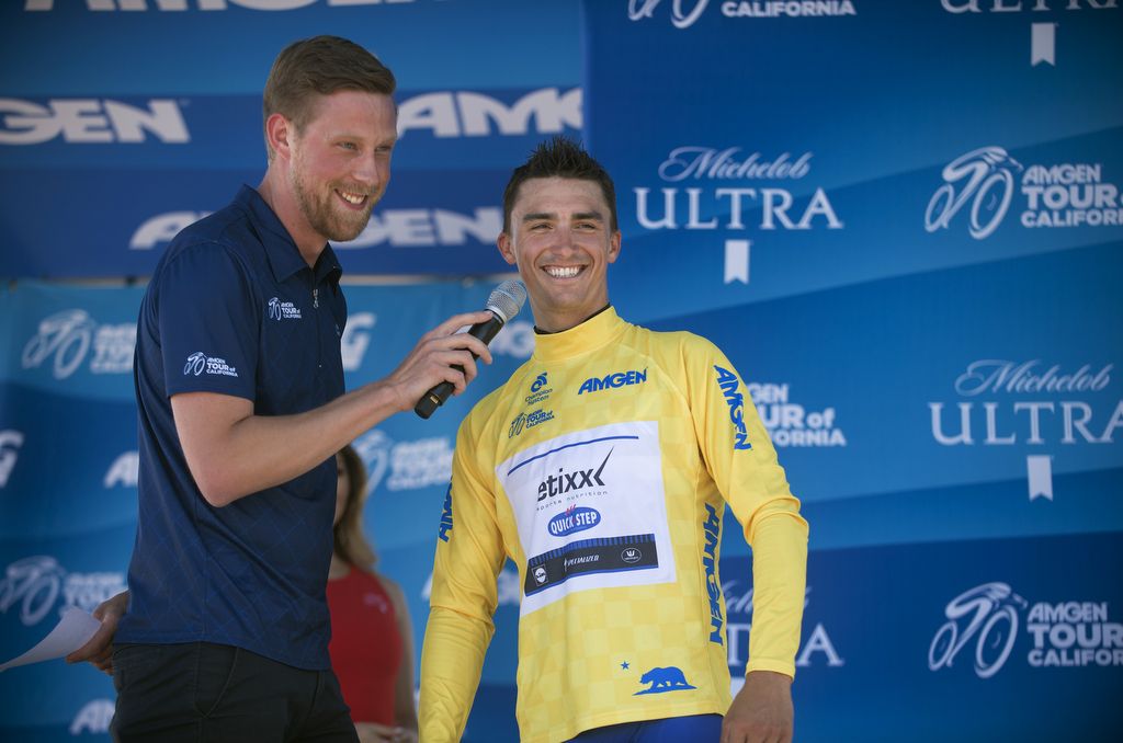 Yellow jersey holder Julian Alaphilippe enjoying himself on the podium