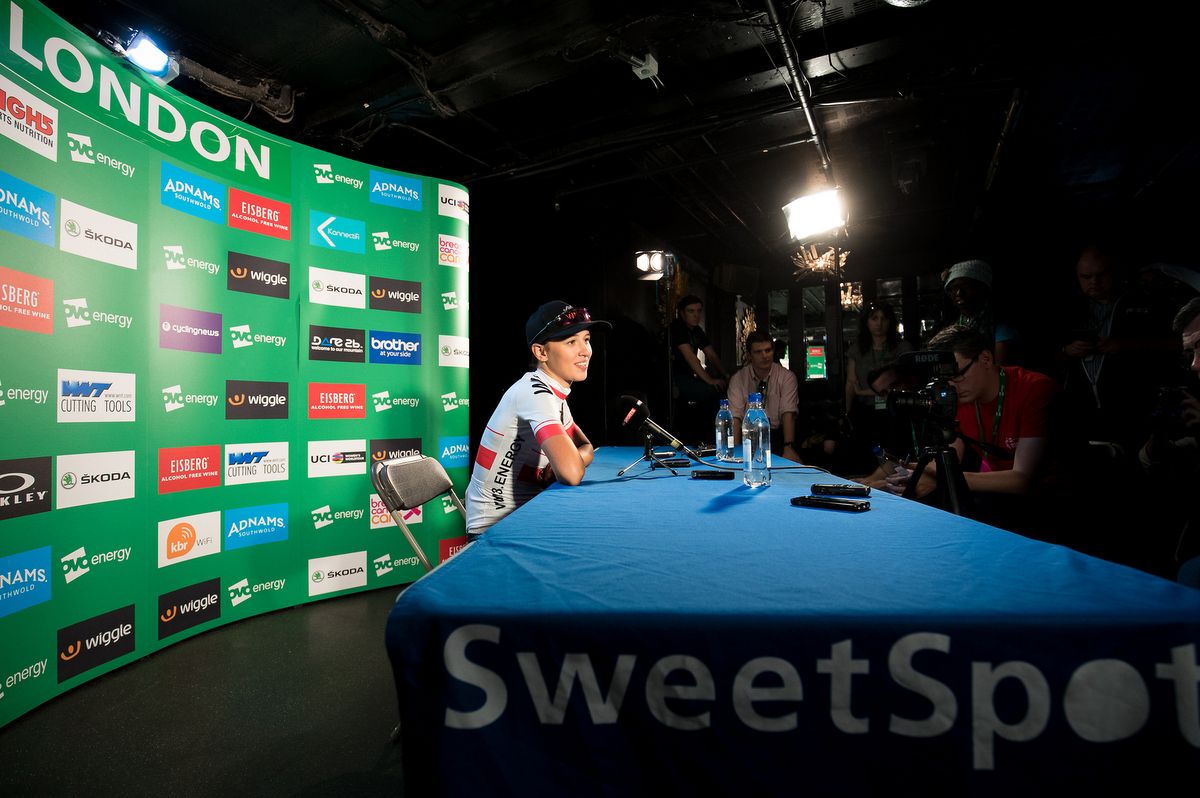 Katarzyna Niewiadoma answers questions from the press