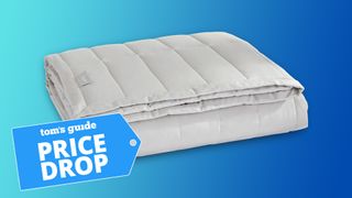 Casper Weighted Blanket against a blue gradient background with a Tom's Guide badge saying "PRICE DROP"