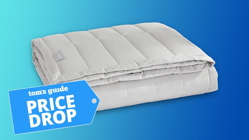 Casper Weighted Blanket against a blue gradient background with a Tom&#039;s Guide badge saying &quot;PRICE DROP&quot;