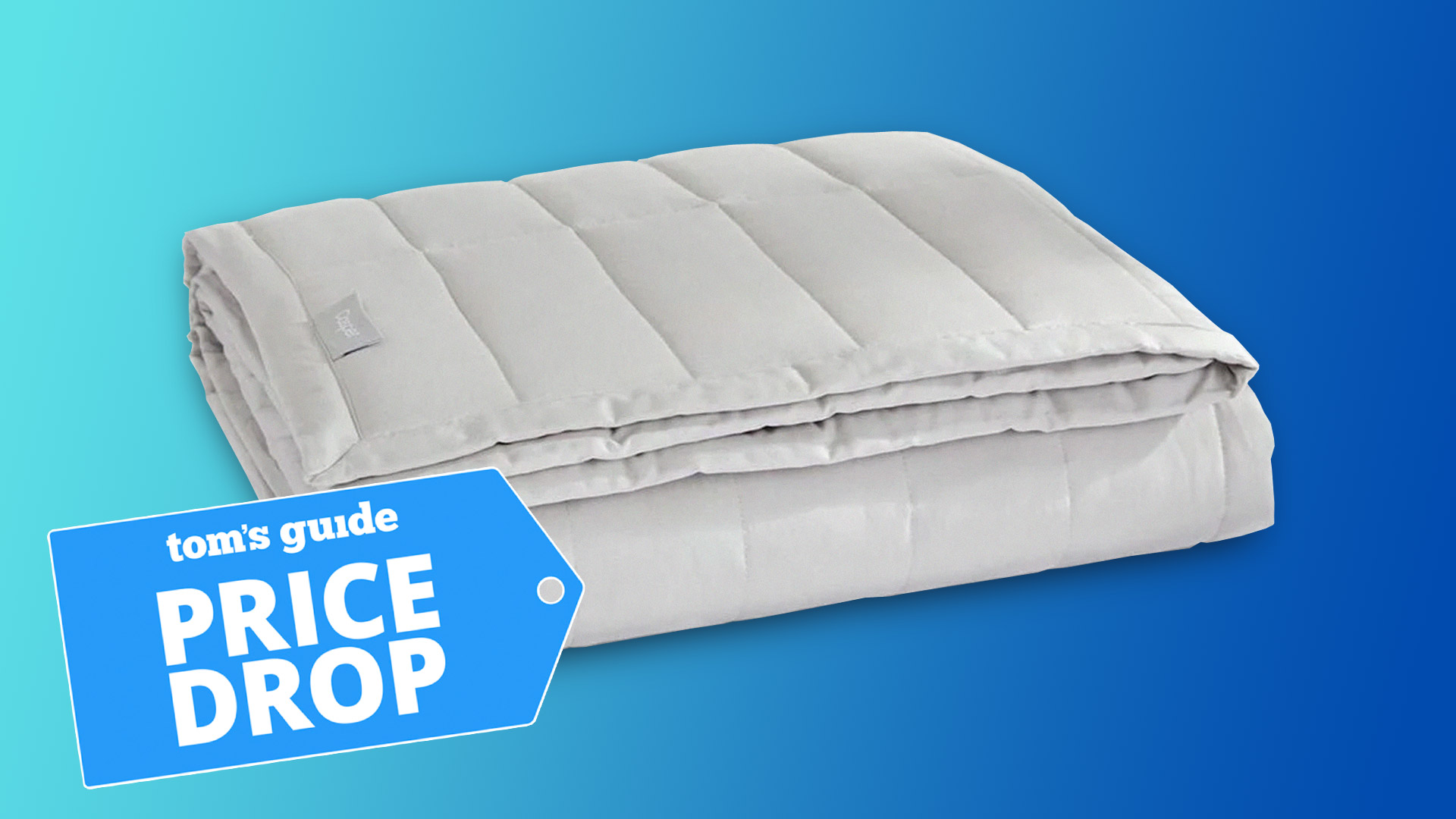 Casper Weighted Blanket against a blue gradient background with a Tom's Guide badge saying "PRICE DROP"