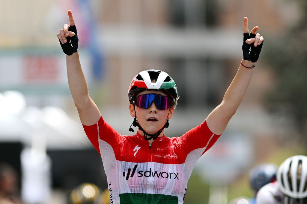 SASSARI ITALY JULY 08 Blanka Vas of Hungary and Team SD Worx celebrates at finish line as stage winner during the 34th Giro dItalia Donne 2023 Stage 8 a 1257km stage from Nuoro to Sassari UCIWWT on July 08 2023 in Sassari Italy Photo by Dario BelingheriGetty Images