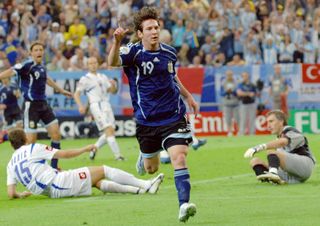 Lionel Messi celebrates after scoring for Argentina against Serbia and Montenegro at the 2006 World Cup.